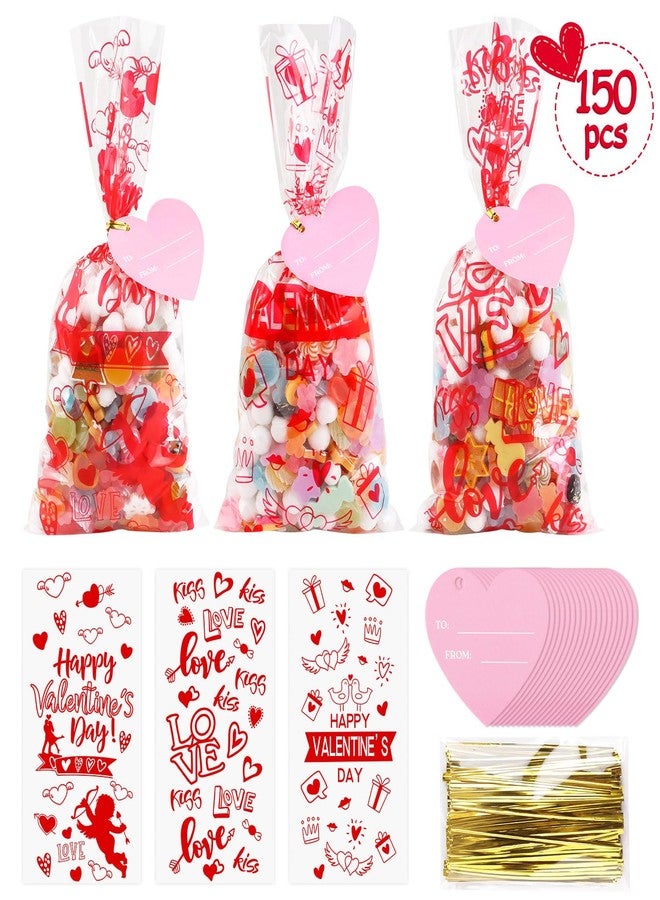 STEFORD 150Pcs Valentine Cellophane Bags, Valentine Day Cellophane Treat Bags, Valentine Gift Bags with 50Pcs Heart Tags, 180Pcs Twist Ties - Image 2